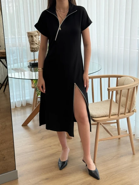 Kadın Kısa Kollu Yakadan Ve Etekten Fermuarlı Midi Viskon Iki Iplik Elbise - Resim 4