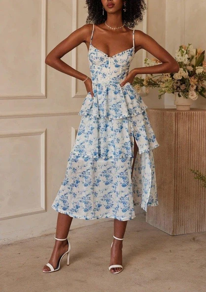 Kadın Sıfır Kol Askılı Dekolteli Yırtmaç Detay çiçek Baskılı Süprem Midi Elbise - Resim 6