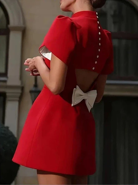 Kadın Kısa Kollu Balıkçı Yaka Arkadan Kelebek Dekolte Detaylı Kısa Atlas Elbise - Resim 6