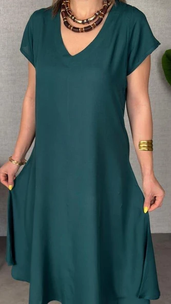 Kadın Kısa Kollu V Yaka Salaş Maxi Boy Elbise - Resim 3