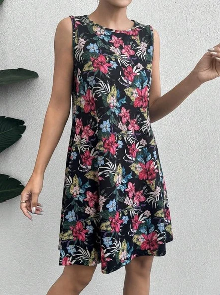 Kadın Renkli çiçek Baskılı Süprem Elbise - Resim 2