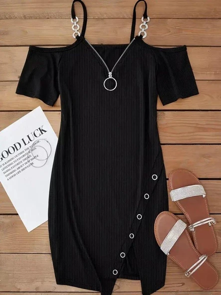 Kadın Askılı önü Fermuarlı Asimetrik Kesim Detaylı Kalın Fitilli Kaşkorse Elbise - Resim 3