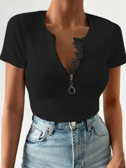 Kadın Beyaz Yaka Dantel Ve Fermuarlı Kaşkorse Bluz - Resim 2