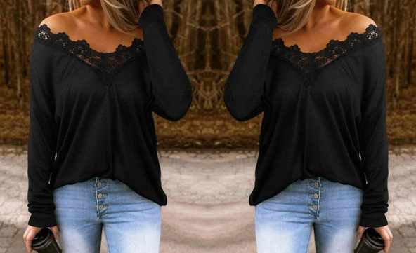 Kadın Uzun Kollu Yaka Güpür Detay Viskon Bluz - Resim 3