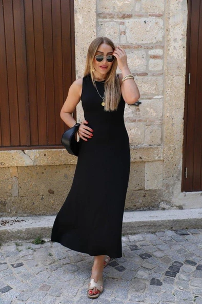 Kadın Kolsuz Sırttan çapraz Ip Detaylı Uzun Viskon Elbise - Resim 2