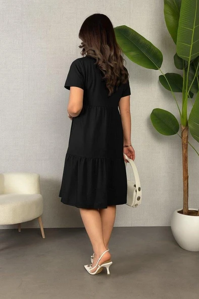 Kadın Kısa Kollu V Yakalı Viskon Elbise - Resim 3