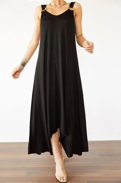 Kadın çan Dokuma Kumaş V Yaka Asimetrik Kesim Elbise - Resim 2