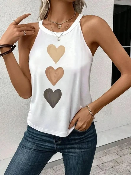 Kadın Omuzlardan Açık Boyundan Askılı Kalp Baskılı Viskon Bluz - Resim 4