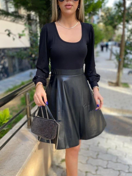 Kadın Uzun Kollu üst Viskon Alt Kloş Deri Elbise - Resim 4