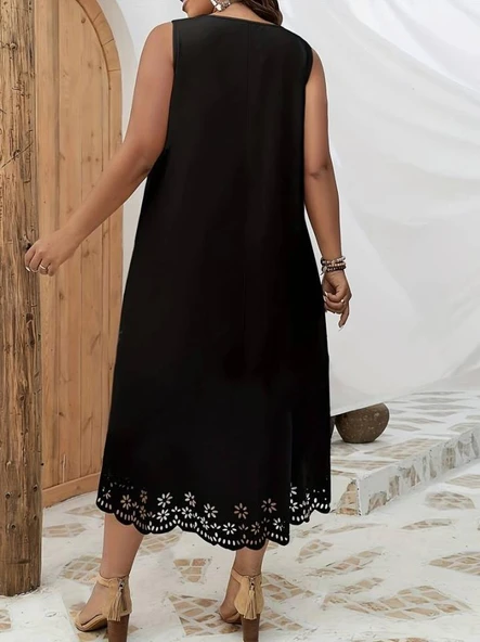 Kadın Kolsuz Etek Ucu Lazer Kesim çiçek Desenli Midi Boy Janjan Krep Elbise - Resim 6