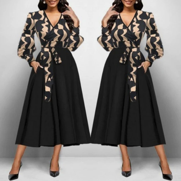 Kadın Uzun Kollu Kruvaze Yaka Dalgıç Krep Midi Boy Elbise - Resim 3