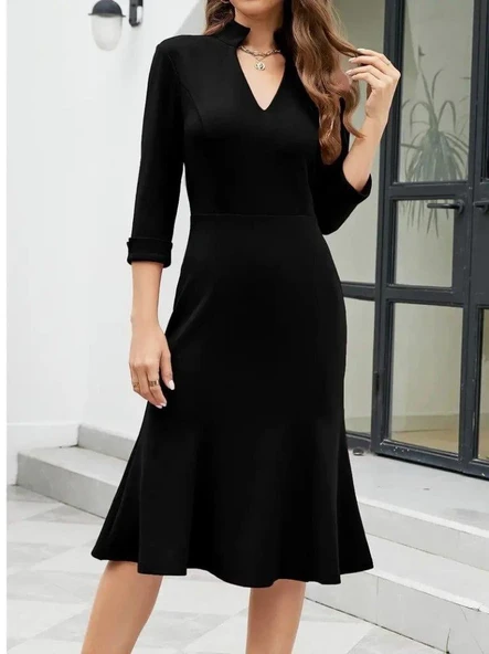 Kadın Truvakarkol V Yakalı Midi Ithal Krep Elbise - Resim 2