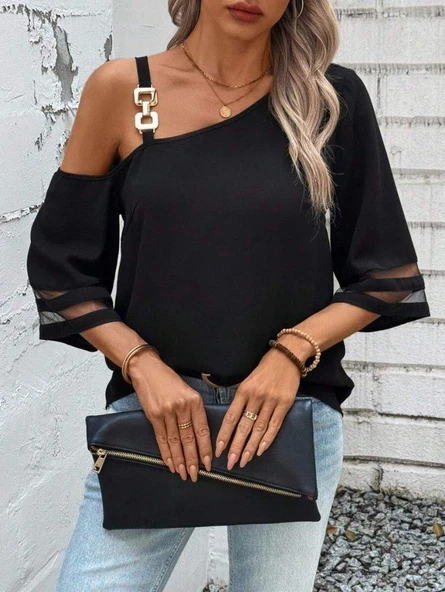 Kadın Askılı Asimetrik Kesim Kol Ve Yaka Kolda Tül Ve Aksesuar Detaylı Janjan Krep Bluz - Resim 3