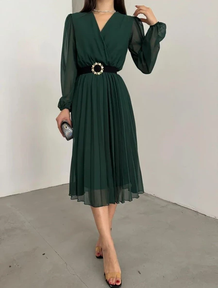 Kadın şifon Kumaş Astalı Kloş Kesim Kruvaze Yaka Midi Boy Elbise - Resim 2