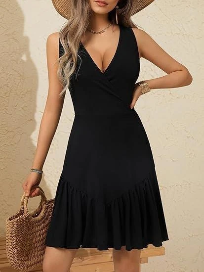 Kadın Askılı Kruvaze Yakalı Fırfırlı Janjan Krep Elbise - Resim 4