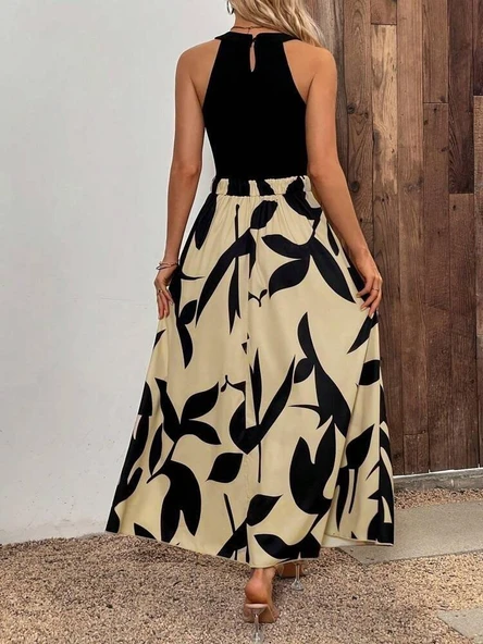 Kadın Sıfır Kollu Yakadan şeritli Omuzlardan Açık Janjan Krep Desenli Al Dalgıç Maxi Elbise - Resim 3