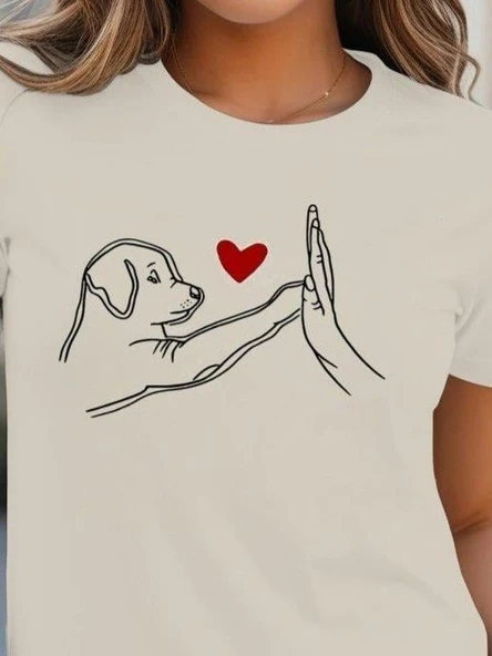 Kadın Kısa Kollu Bisiklet Yaka Köpek Baskılı Viskon Bluz - Resim 2