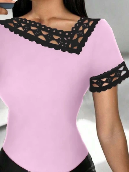 Kadın Kısa Kollu Dantel Yaka Viskon Bluz - Resim 2