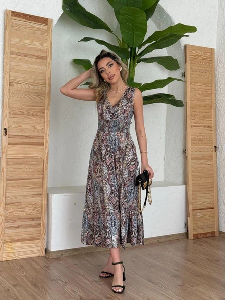 Kadın Beli Gipeli Etnik Desen Sıfır Kol Süprem Elbise - Resim 5