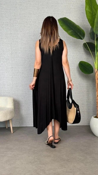Kadın çan Dokuma Kumaş V Yaka Asimetrik Kesim Elbise - Resim 3