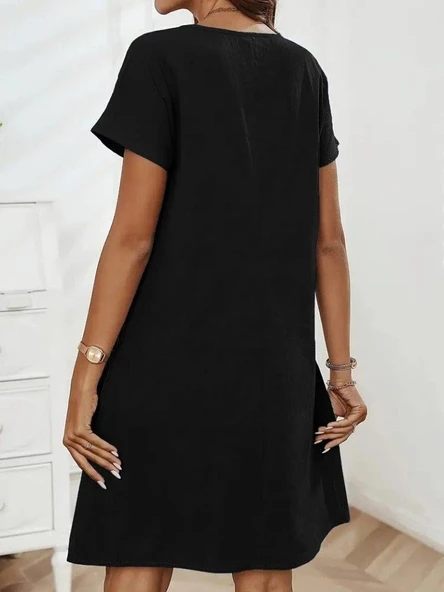 Kadın Kısa Kollu Yakası Açık Fermuarlı Cep Detaylı Ithal Keten Elbise - Resim 2