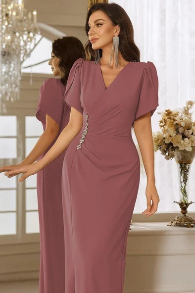 Kadın Kısa Kollu Kruvaze Yakalı Belden çiçek Aksesuarlı Yırtmaçlı Ithal Krep Elbise - Resim 2