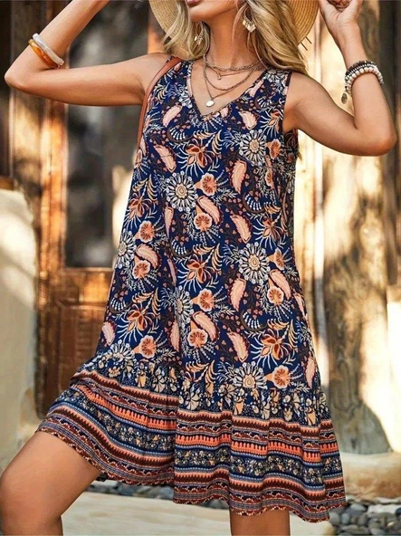 Kadın Askılı V Yakalı Fırfırlı Desenli Süprem Kısa Elbise - Resim 4