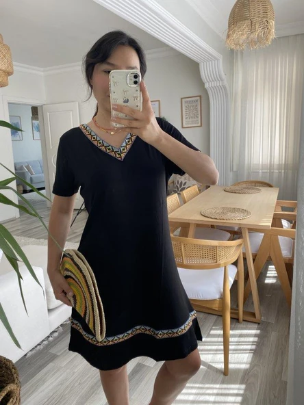 Kadın Kısa Kollu V Yakalı Etnik Desen şerit Detaylı Viskon Elbise - Resim 2