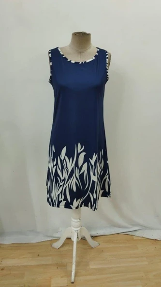 Kadın Askılı Yuvarlak Yakalı Yaprak Desenli Dalgıç Elbise - Resim 5