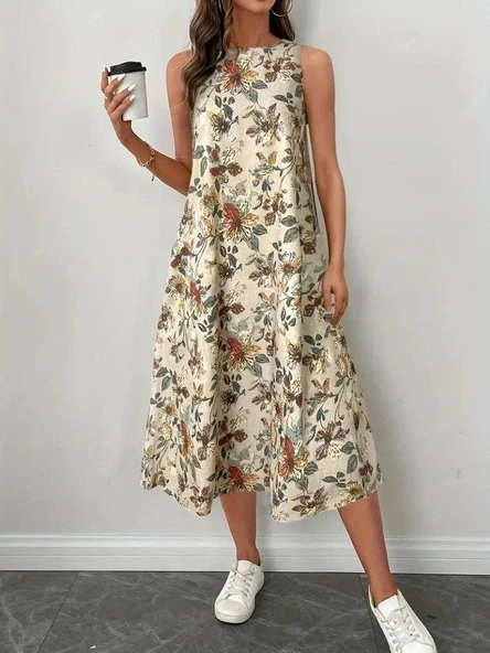 Kadın Sıfır Kollu Yuvarlak Yaka Desenli Ithal Keten Midi Elbise - Resim 2