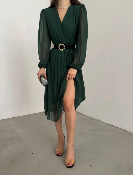 Kadın şifon Kumaş Astalı Kloş Kesim Kruvaze Yaka Midi Boy Elbise - Resim 4