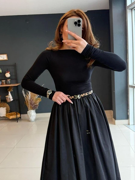 Kadın Uzun Kollu Bisiklet Yaka Uzun üst Viskon Alt Trikoton Elbise - Resim 10