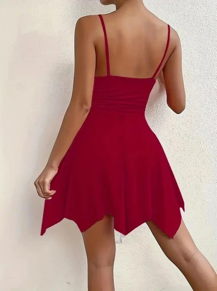 Kadın Ip Askılı V Yakalı Asimetrik Kesim Detaylı Janjan Krep Elbise - Resim 3