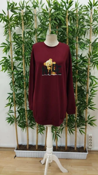 Kadın Uzun Kollu Bisiklet Yaka Ayı Desenli Viskon Iki Iplik Elbise - Resim 4