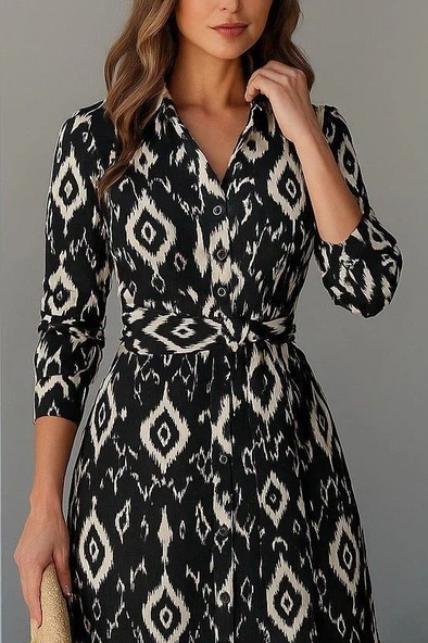 Kadın Uzun Kollu Eteği Fırfırlı Beli Kuşaklı Trikoton Tam Boy Gömlek Elbise - Resim 2