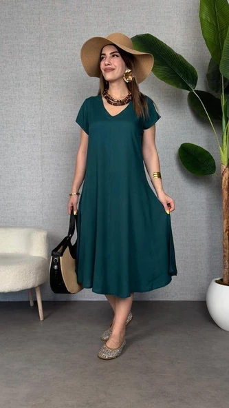 Kadın Kısa Kollu V Yaka Salaş Maxi Boy Elbise ürün görseli