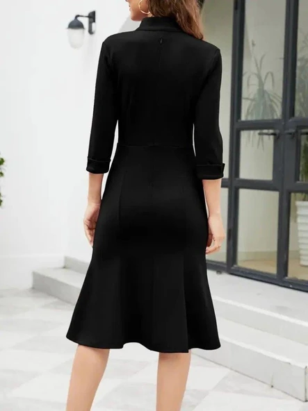 Kadın Truvakarkol V Yakalı Midi Ithal Krep Elbise - Resim 3