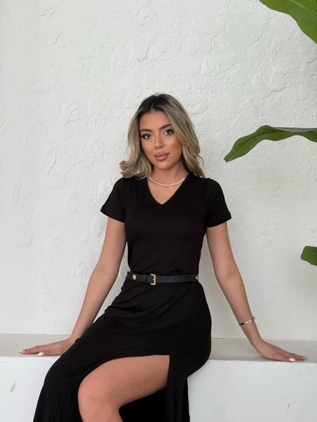 Kadın Kısa Kollu V Yaka Maxi Boy Elbise 124 Cm - Resim 3