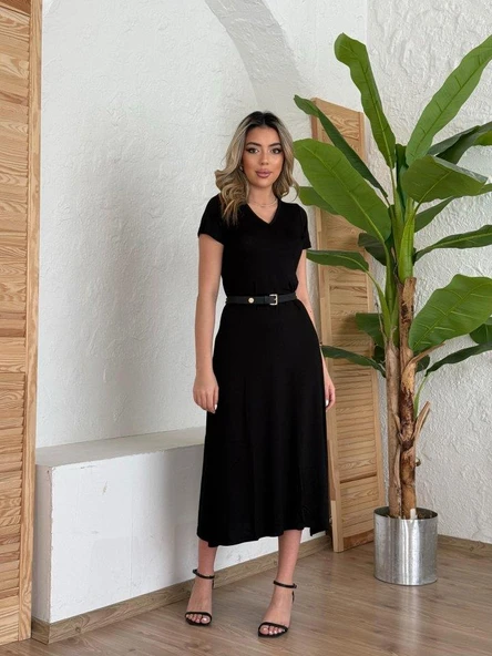 Kadın Kısa Kollu V Yaka Maxi Boy Elbise 124 Cm - Resim 2