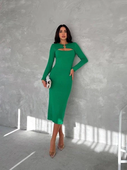 Kadın Uzun Kollu Halka Ve Pencere Dekolte Detay Fırsat ürün Midi Boy Elbise - Resim 3