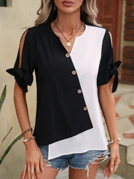 Kadın Kısa Kollu Kollardan Bağlamalı önden Asimetrik Kesim çift Renk Detaylı Düğmeli Ithal Krep Bluz ürün görseli
