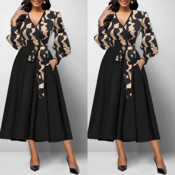 Kadın Uzun Kollu Kruvaze Yaka Dalgıç Krep Midi Boy Elbise - Resim 2