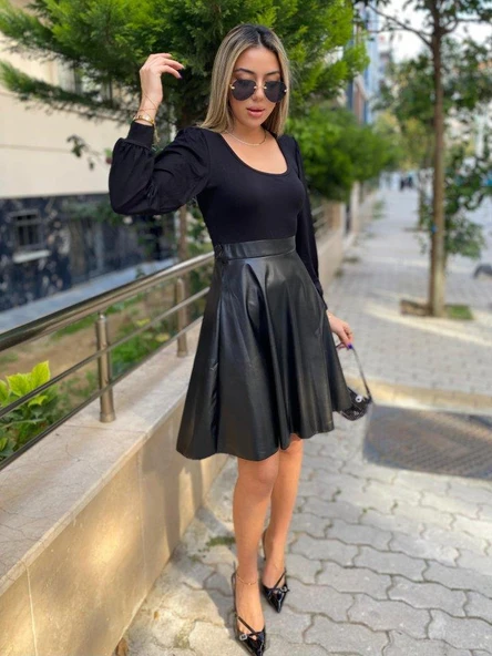 Kadın Uzun Kollu üst Viskon Alt Kloş Deri Elbise - Resim 2