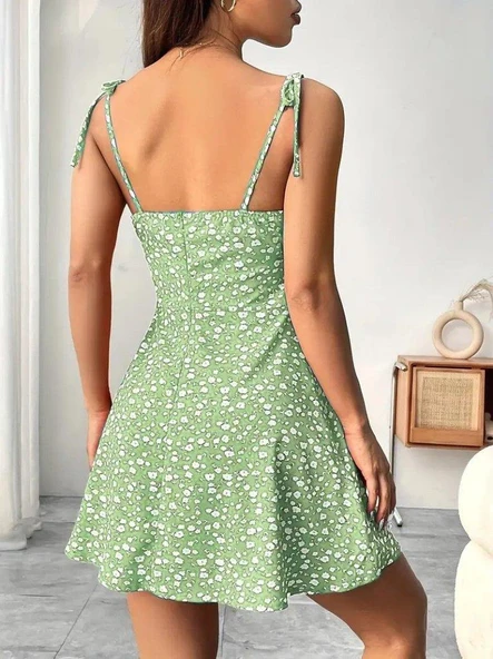 Kadın Askılı Büzgü Detaylı Kare Yaka çiçek Desenli Mini Süprem Elbise - Resim 3