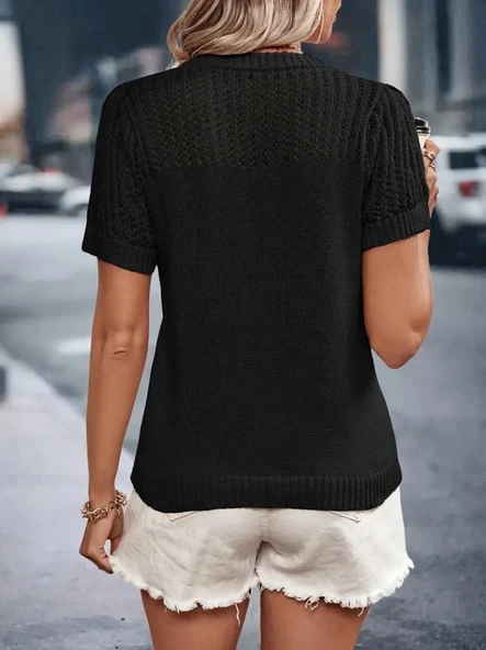 Kadın Kısa Kollu Yaka Detay Triko Bluz - Resim 2