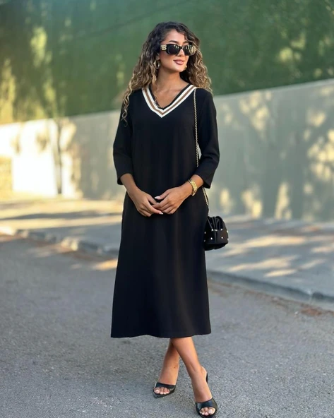 Kadın Uzun Kollu V şerit Yakalı Viskon Iki Iplik Elbise - Resim 2