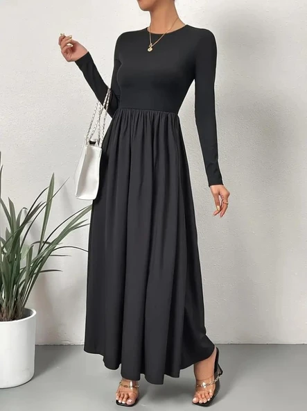 Kadın Uzun Kollu Bisiklet Yaka Uzun üst Viskon Alt Trikoton Elbise - Resim 4