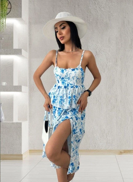 Kadın Sıfır Kol Askılı Dekolteli Yırtmaç Detay çiçek Baskılı Süprem Midi Elbise ürün görseli