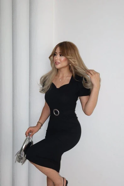 Kadın Kısa Kollu Yakası Açık önden Halka Detaylı Ithal Krep Elbise - Resim 6