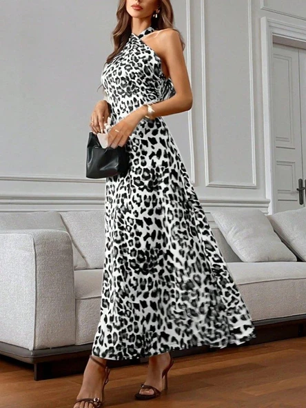 Kadın Omuzlardan Açık Boyundan çapraz Bağlama Detaylı Süprem Elbise - Resim 2